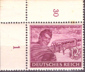 Briefmarken: Deutsches Reich 1944 Mi.Nr. 890 BE ol, Bogenecke oben links, Postkameradschaft III, Postfrisch