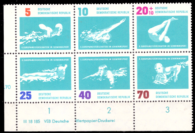 Briefmarken: DDR 1962, Mi.Nr. 907-912 Sechserblock  DV (Druckvermerk), Schwimm-EM Leipzig - Postfrisch