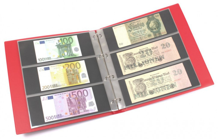KOBRA Banknotenalbum im Großformat mit 20 dreigeteilten Blättern für 120 Banknoten - Rot