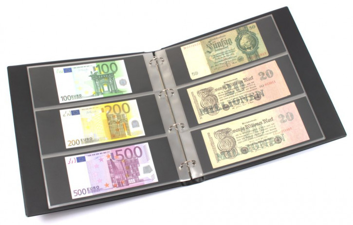 KOBRA Banknotenalbum im Großformat mit 20 dreigeteilten Blättern für 120 Banknoten - Schwarz