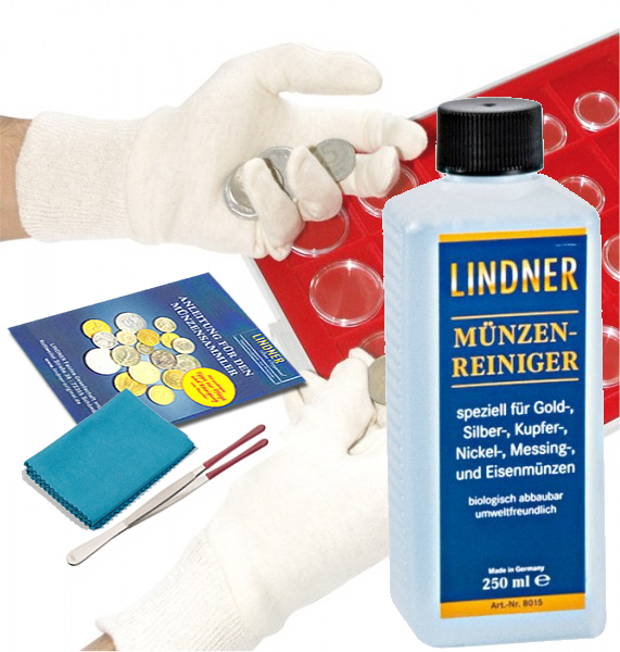LINDNER Grundausstattung 3 Münzreinigung bestehend aus Münzen-Reiniger, Münzen-Pinzette, Münzen-Handschuhe, Poliertuch, Anleitung