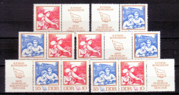 Briefmarken: DDR 1972, Mi.Nr. 1761-1762 (WZd263-WZd268, 6 Kombis komplett), FDGB-Kongress, Postfrisch