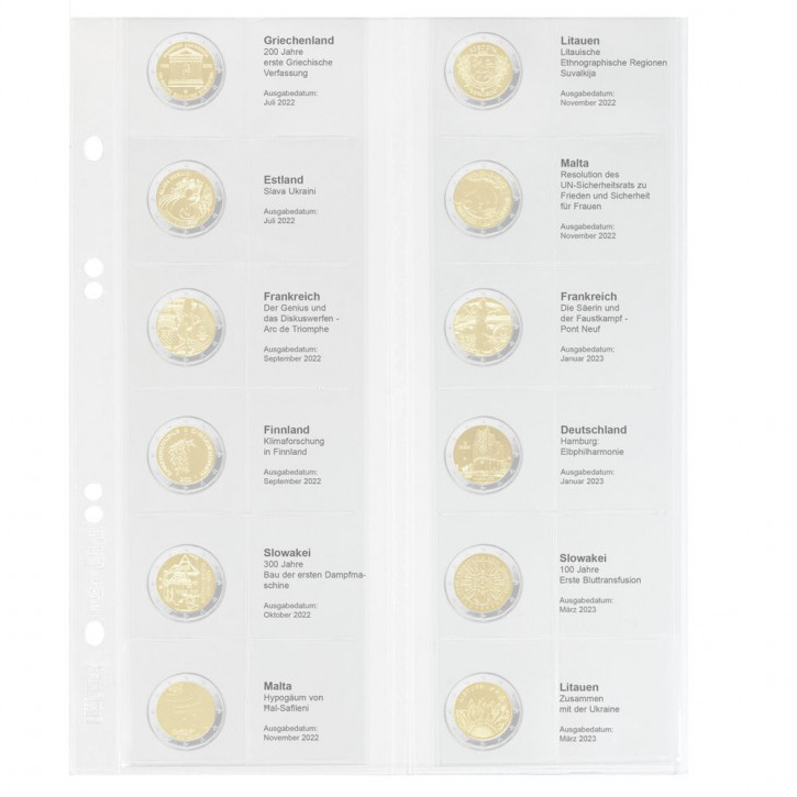 Lindner Multi collect Vordruckblatt für 2 Euro-Gedenkmünzen: Griechenland 2022 – Litauen 2023