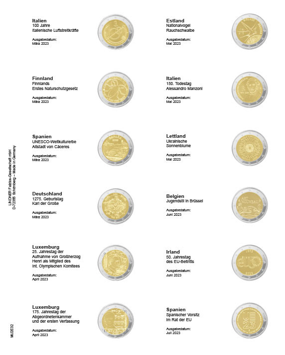Lindner Multi collect Vordruckblatt für 2 Euro-Gedenkmünzen: Italien 2023 – Spanien 2023