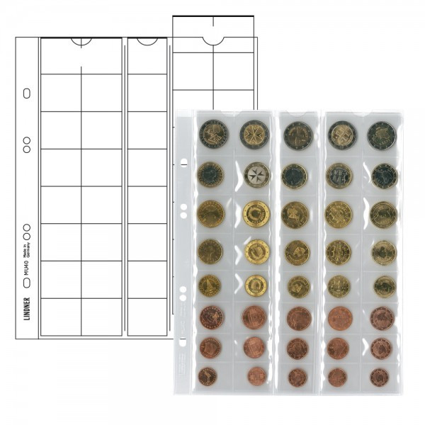 Lindner Multi collect Münzblätter für 5 Euro-Kursmünzensätze mit je 8 Münzen, Zwischenblätter Schwarz, 5er-Packung