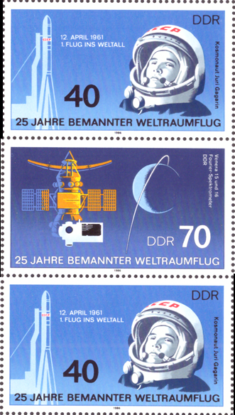 Briefmarken DDR 1986, 3005-3007-3005 (SZd 315), 25 Jahre bemannter Weltraumflug, Postfrisch