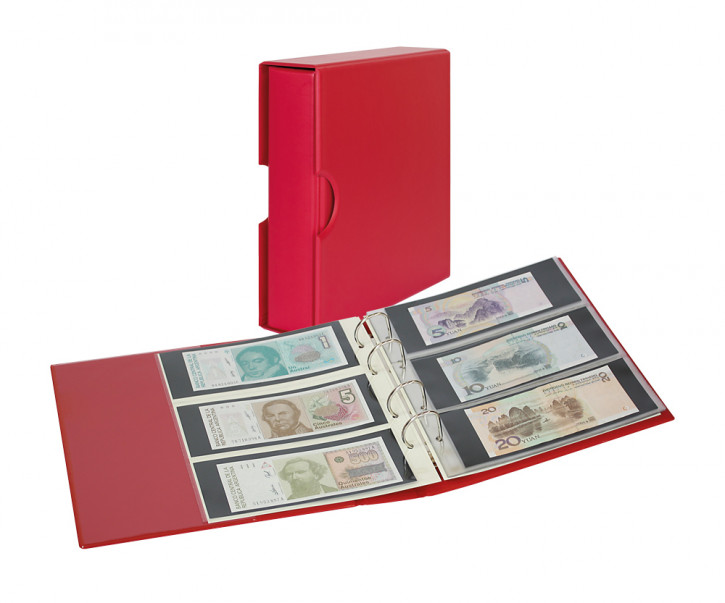 LINDNER PUBLICA M COLOR Banknotenalbum mit 10 beidseitig bestückbaren Folienblättern in zwei Ausführungen-Berry (rot) - mit passender Schutzkassette