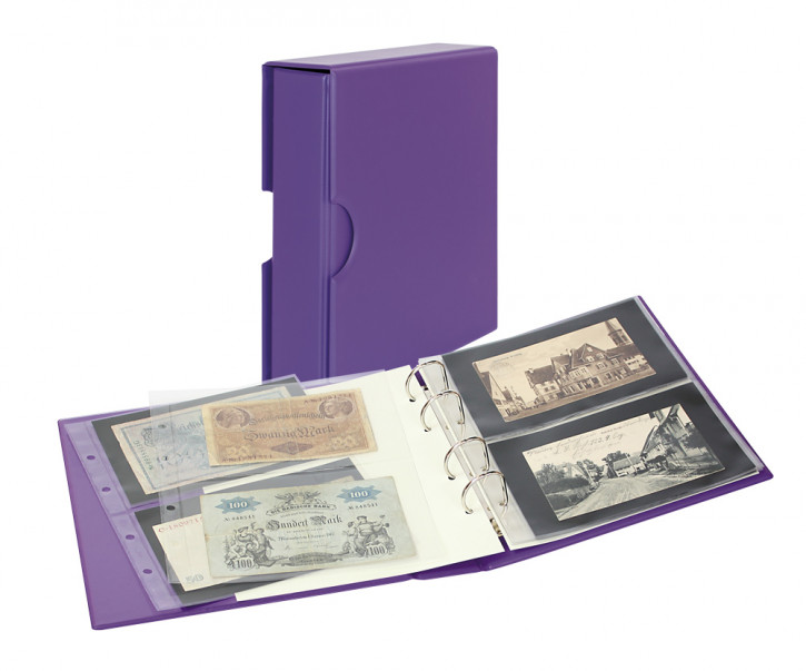 LINDNER PUBLICA M COLOR Banknotenalbum mit 10 beidseitig bestückbaren Folienblättern-Viola (Lila) - mit passender Schutzkassette