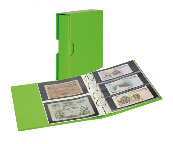 LINDNER PUBLICA M COLOR Banknotenalbum mit 10 beidseitig bestückbaren Folienblättern-Spring (grün) - mit passender Schutzkassette