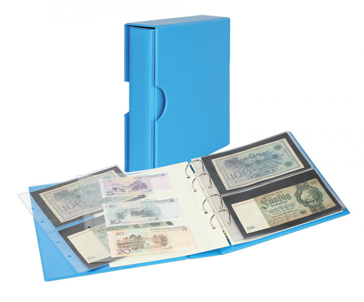 LINDNER PUBLICA M COLOR Banknotenalbum mit 10 beidseitig bestückbaren Folienblättern-Nautic (blau) - mit passender Schutzkassette