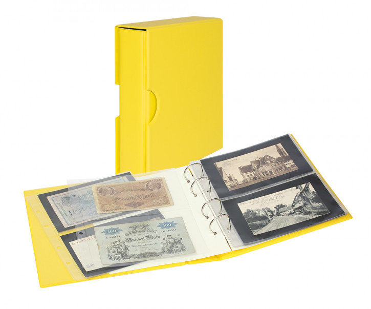LINDNER PUBLICA M COLOR Banknotenalbum mit 10 beidseitig bestückbaren Folienblättern-Solino (gelb) - mit passender Schutzkassette