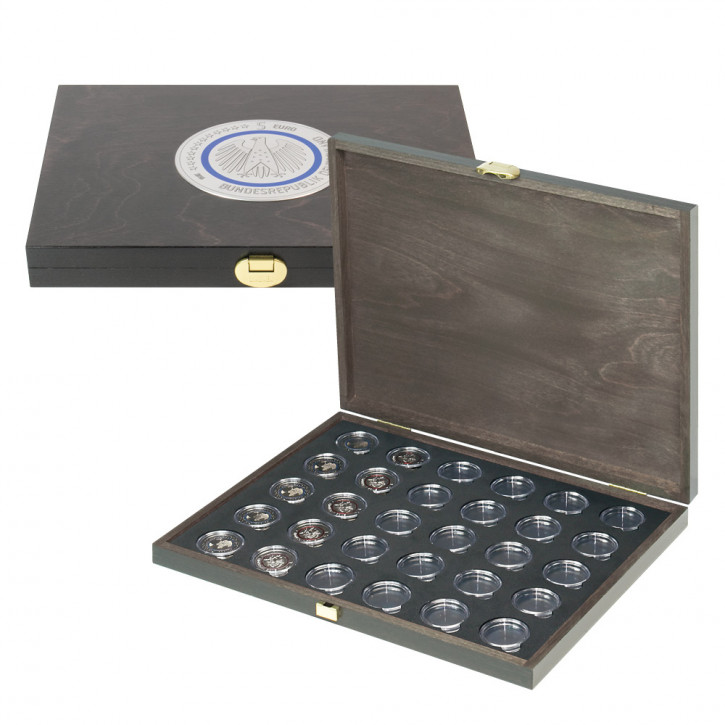 LINDNER SONDEREDITION - Echtholz-Münzkassette CARUS-1 BLACK SAMT für 30 verkapselte deutsche 5 Euro-Sammlermünzen, inkl. Münzkapseln