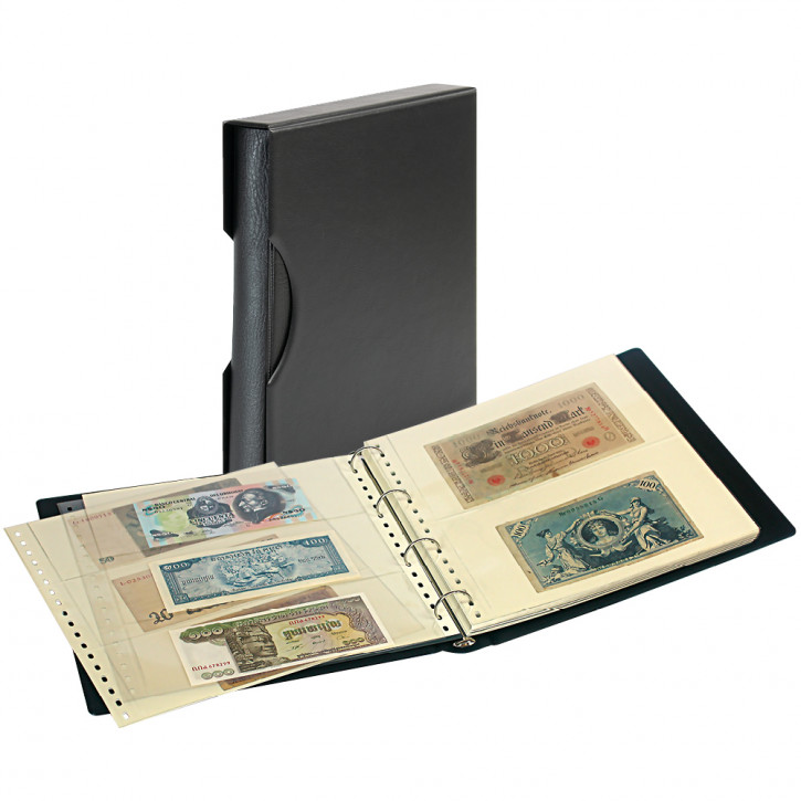LINDNER Set: Banknotenalbum SRS mit 20 Klarsichthüllen für Banknoten und Schutzkassette