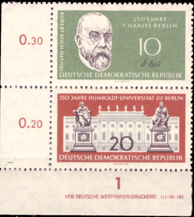 Briefmarken DDR 1960, Mi.Nr. 796/797 (S Zd 13 DV) mit Druckvermerk, Charité und Humboldt-Universität, Postfrisch