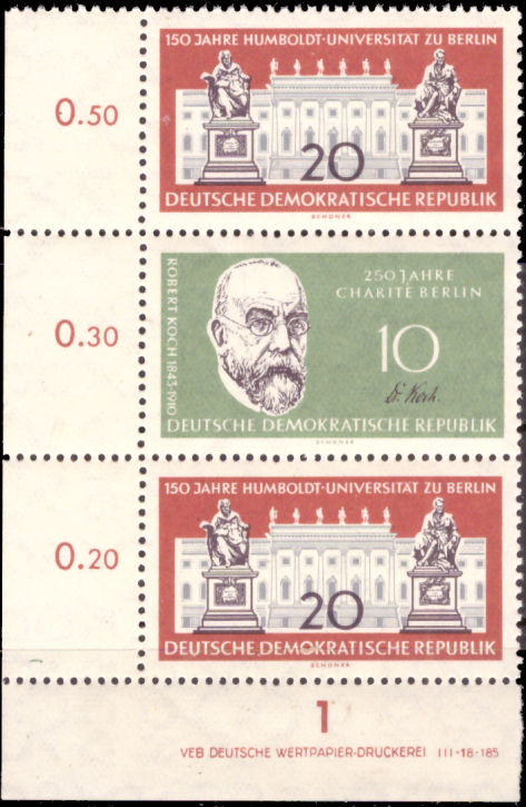 Briefmarken DDR 1960, Mi.Nr. 797/796/797 (S Zd 19 DV) mit Druckvermerk, Charité und Humboldt-Universität, Postfrisch