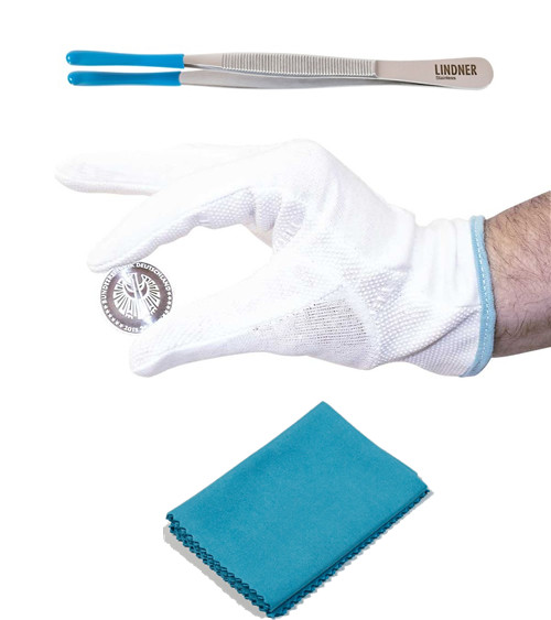 LINDNER Pflegeset 2 bestehend aus Münzpinzette, Münzhandschuhe, Poliertuch