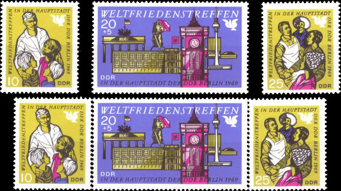 Briefmarken DDR 1969, Mi. Nr. 1478-1480 + WZd207 (Dreierstreifen), Weltfriedenstreffen. Postfrisch