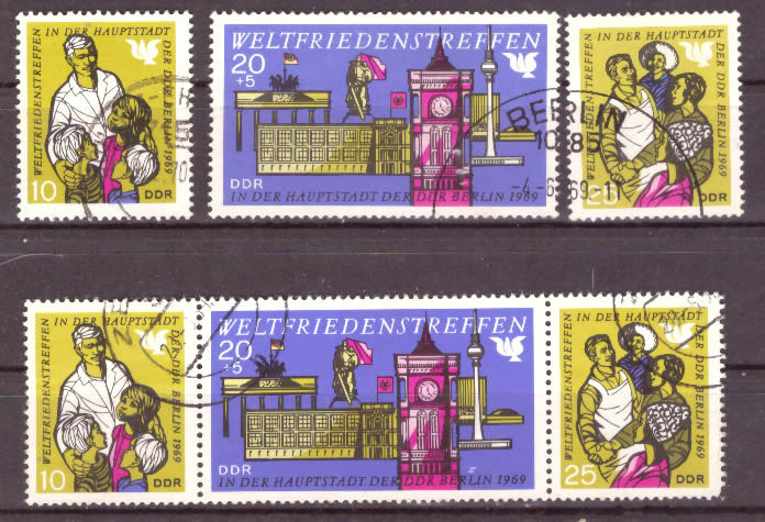 Briefmarken DDR 1969, Mi. Nr. 1478-1480 + WZd207 (Dreierstreifen), Weltfriedenstreffen. Gestempelt