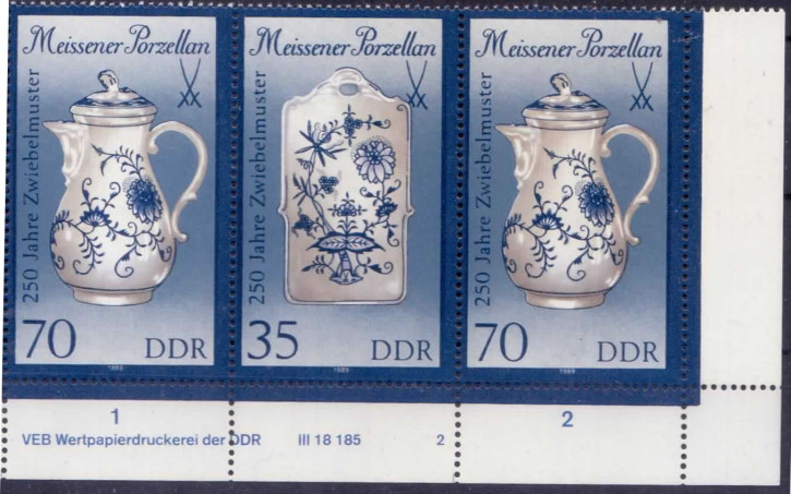 Briefmarken DDR 1989, Mi.Nr. 3244II/3243II/3244II (W Zd 794 DV) mit Druckvermerk, Meissener Porzellan (III). Postfrisch