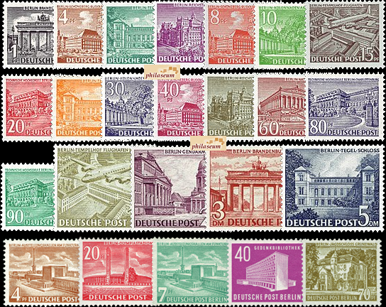 Briefmarken Berlin 1949-1954, Mi.Nr. 42-60, 112-113, 121-123, Freimarken: Berliner Bauten (I-III). Postfrisch