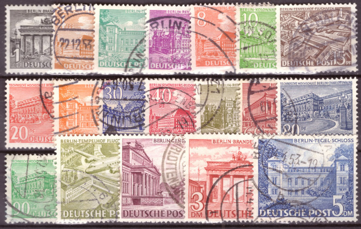 Briefmarken Berlin 1949, Mi.Nr. 42 - 60, Freimarken: Berliner Bauten (I). Gestempelt