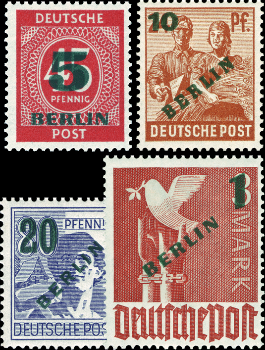 Briefmarken Berlin 1949 Mi.Nr. 64 - 67, dunkelgrüner Bdr.-Aufdruck, Postfrisch