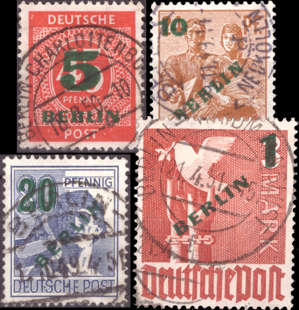 Briefmarken Berlin 1949 Mi.Nr. 64 - 67, dunkelgrüner Bdr.-Aufdruck, Gestempelt