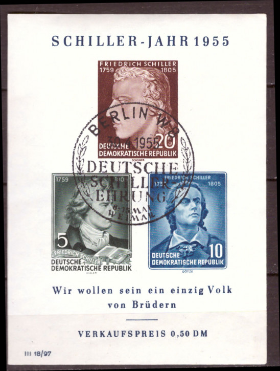 Briefmarken DDR 1955 Mi.Nr. Block 12, Friedrich Schiller, ESST (Ersttags-Sonderstempel) gestempelt