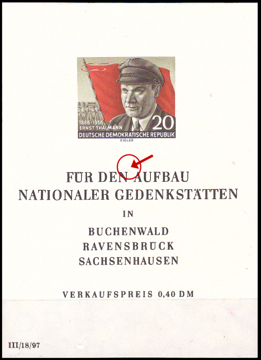 Briefmarken: DDR 1956, Mi.Nr. Block 14 PF II (roter Strich zwischen N und A), Ernst Thälmann, Postfrisch