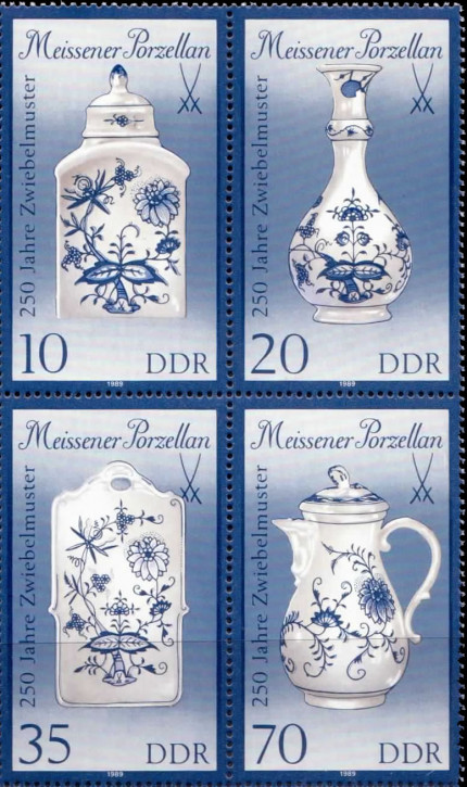 Briefmarken DDR 1989, Mi.Nr. 3241II - 3244II Viererblock, Meissener Porzellan (III). Postfrisch