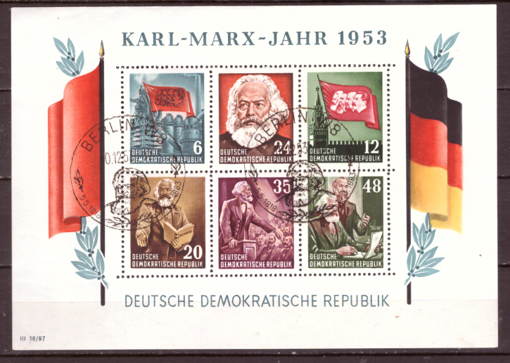 Briefmarken DDR 1953, Mi.Nr. Block 8A gezähnt, Karl-Marx-Jahr, letzter Tag (10.12.53) Sonderstempel gestempelt