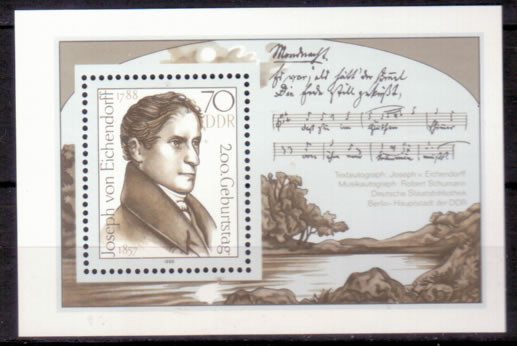 Briefmarken: DDR 1988, Mi. Nr. Block 92, Joseph Freiherr von Eichendorff. Postfrisch