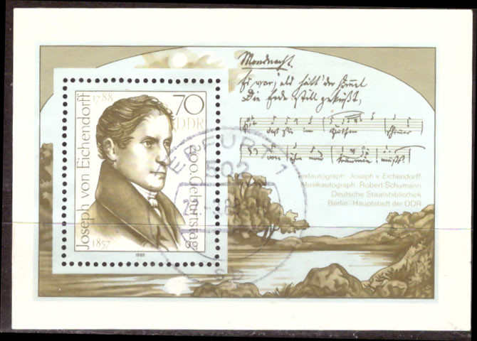 Briefmarken: DDR 1988, Mi. Nr. Block 92, Joseph Freiherr von Eichendorff. Gestempelt