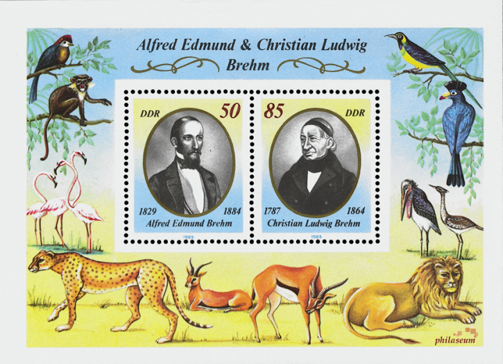 Briefmarken DDR 1989, Mi.Nr. Block 98, Alfred Edmund und Ludwig Brehm. Postfrisch