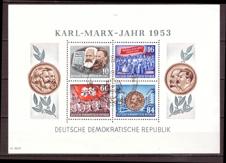 Briefmarken DDR 1953, Mi.Nr. Block 9A gezähnt, Karl-Marx-Jahr, letzter Tag (10.12.53) Sonderstempel gestempelt