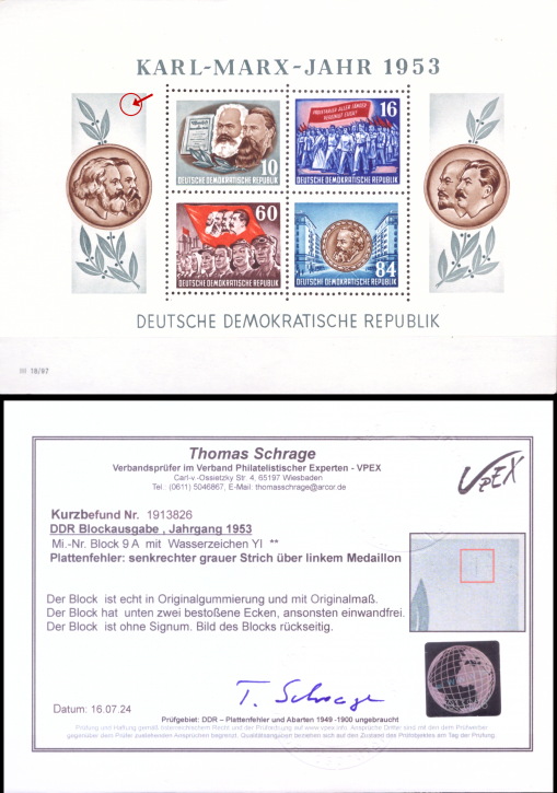 Briefmarken DDR 1953, Mi.Nr. Block 9A YI Plattenfehler: senkrechter grauer Strich über linkem Madaillon, Postfrisch, Geprüft