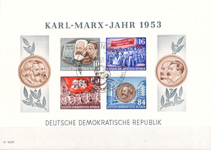 Briefmarken DDR 1953, Mi.Nr. Block 9B geschnitten, Karl Marx, Sonderstempel