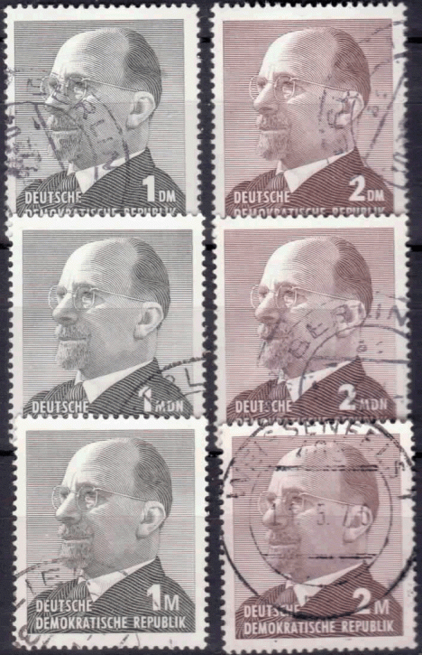 Briefmarken: DDR 1963/65/69, Mi.Nr. 968-969, 1087-1088, 1481-1482, Dauerserie Walter Ulbricht größeres Format (I-III), Gestempelt, komplettt