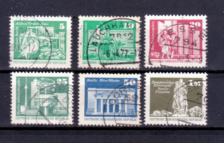 Briefmarken: DDR 1973 - 1975, Mi. Nr. 1868-1869, 1947-1948, 1968, 2022, Dauerserie: Aufbau in der DDR Kleinformat, Rastertiefdruck. Gestempelt