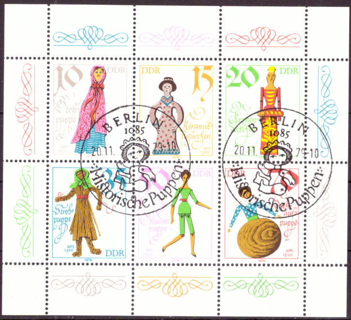 Briefmarken: DDR 1979 Mi.Nr. 2472 - 2477 (Kleinbogen), Historische Puppen. Gestempelt