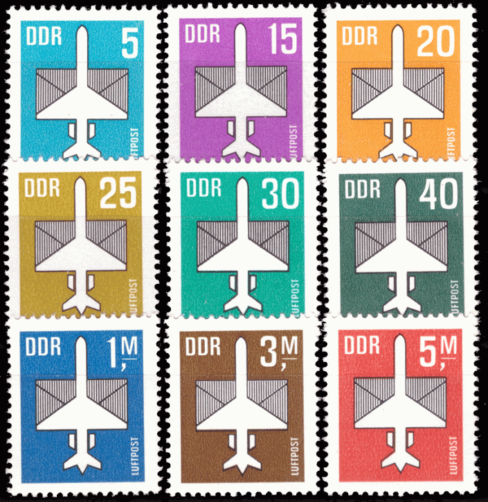 Briefmarken DDR 1982-1985/87, Mi.Nr. 2751-2753, 2831-2832, 2868, 2967, 3128-3129, Dauerserie Flugpost, Postfrisch