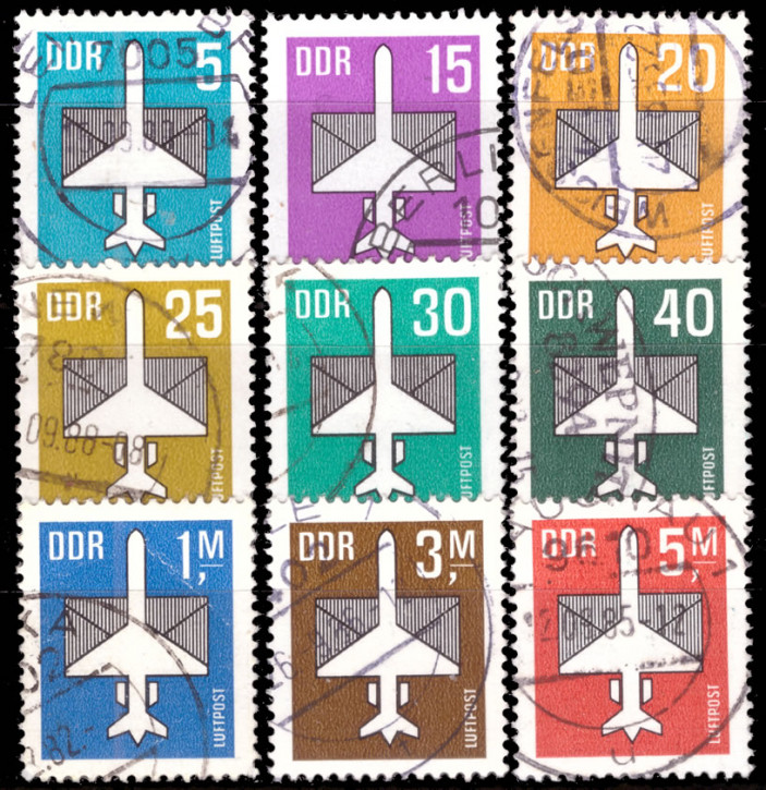 Briefmarken DDR 1982-1985/87, Mi.Nr. 2751-2753, 2831-2832, 2868, 2967, 3128-3129, Dauerserie Flugpost, Gestempelt