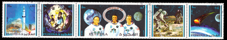 Briefmarken Fujeira (Fudschaira) 1971, Mi.Nr. 642 - 647, Fünferstreifen A, Apollo 14. Gefälligkeitsstempel
