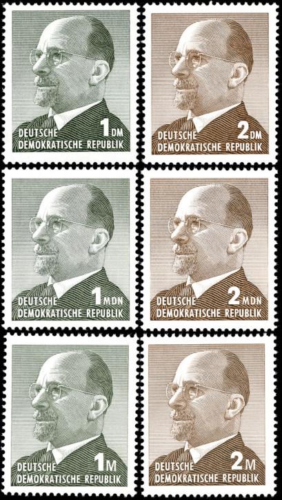 Briefmarken: DDR 1963/65/69, Mi.Nr. 968-969, 1087-1088, 1481-1482, Dauerserie Walter Ulbricht größeres Format (I-III), Postfrisch komplettt