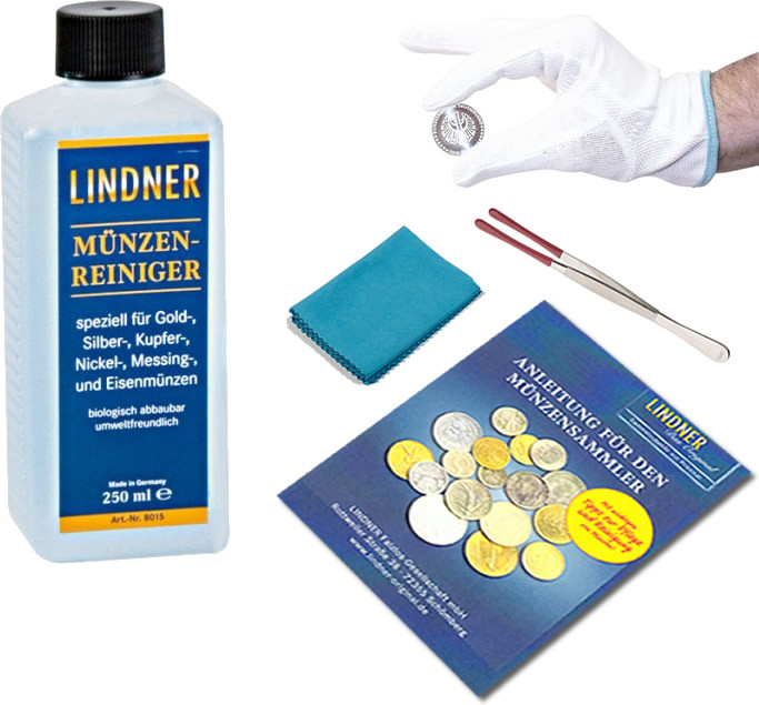 LINDNER Grundausstattung 1 Münzreinigung bestehend aus Münzen-Reiniger, Münzen-Pinzette, Münzen-Handschuhe, Poliertuch, Anleitung