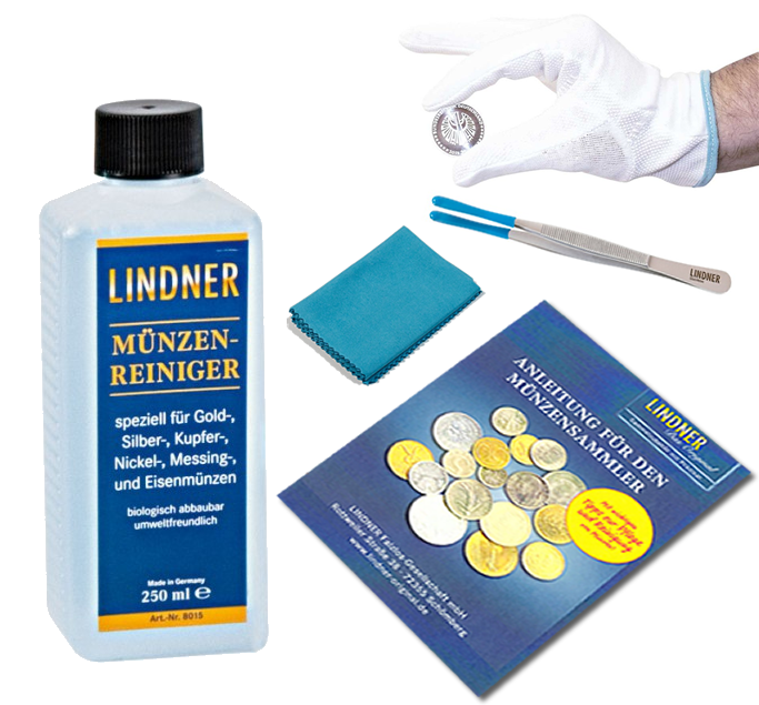 LINDNER Grundausstattung 2 Münzreinigung bestehend aus Münzen-Reiniger, Münzen-Pinzette, Münzen-Handschuhe, Poliertuch, Anleitung