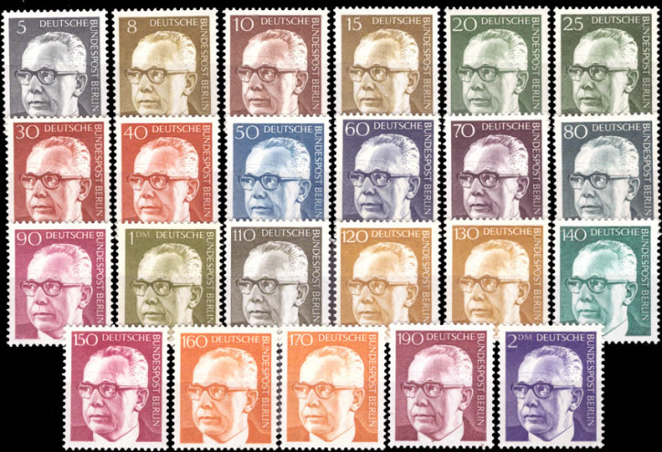 Briefmarken Berlin 1970-1973, Mi.Nr. 359-370, 393-396, 427-433, Freimarken: Bundespräsident Dr. Gustav Heinemann (I-III). Postfrisch