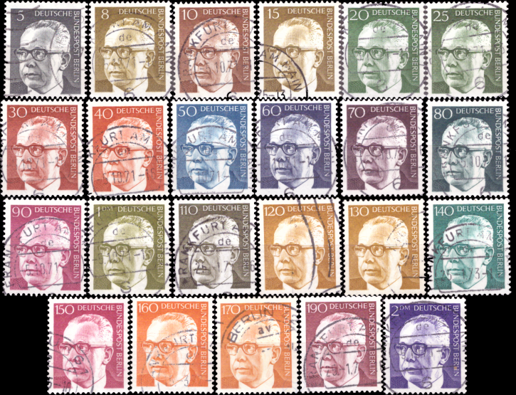 Briefmarken Berlin 1970-1973, Mi.Nr. 359-370, 393-396, 427-433, Freimarken: Bundespräsident Dr. Gustav Heinemann (I-III). Gestempelt