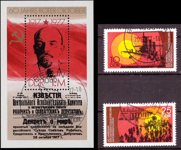 Briefmarken: DDR 1977, MiNr. 2259-2260 + Block 50, Oktoberrevolution in Russland. Gestempelt