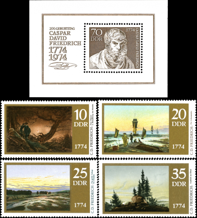 Briefmarken: DDR 1974, Mi. Nr. 1958-1961 + Block 40, 200. Geburtstag von Caspar David Friedrich. Postfrisch